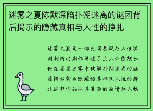 迷雾之夏陈默深陷扑朔迷离的谜团背后揭示的隐藏真相与人性的挣扎